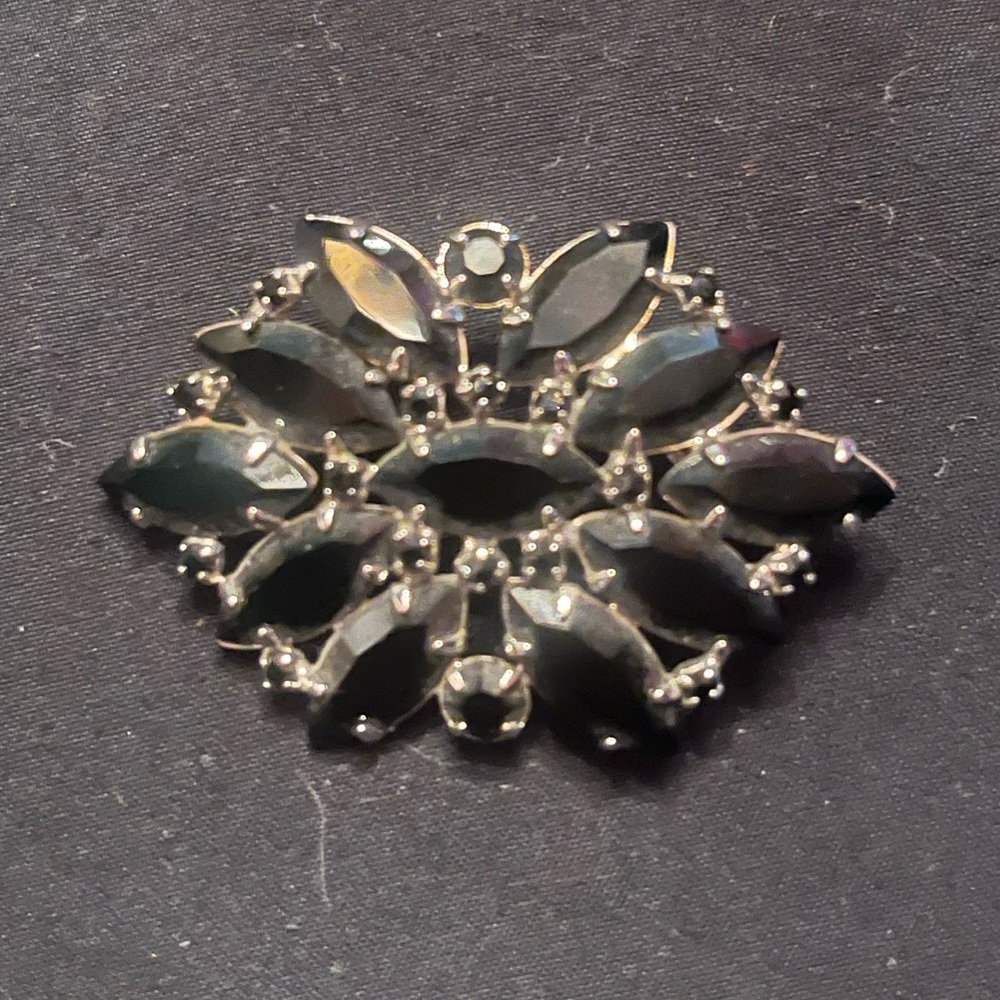 Vintage Silver Tone Jet Black Rhinestone Brooch